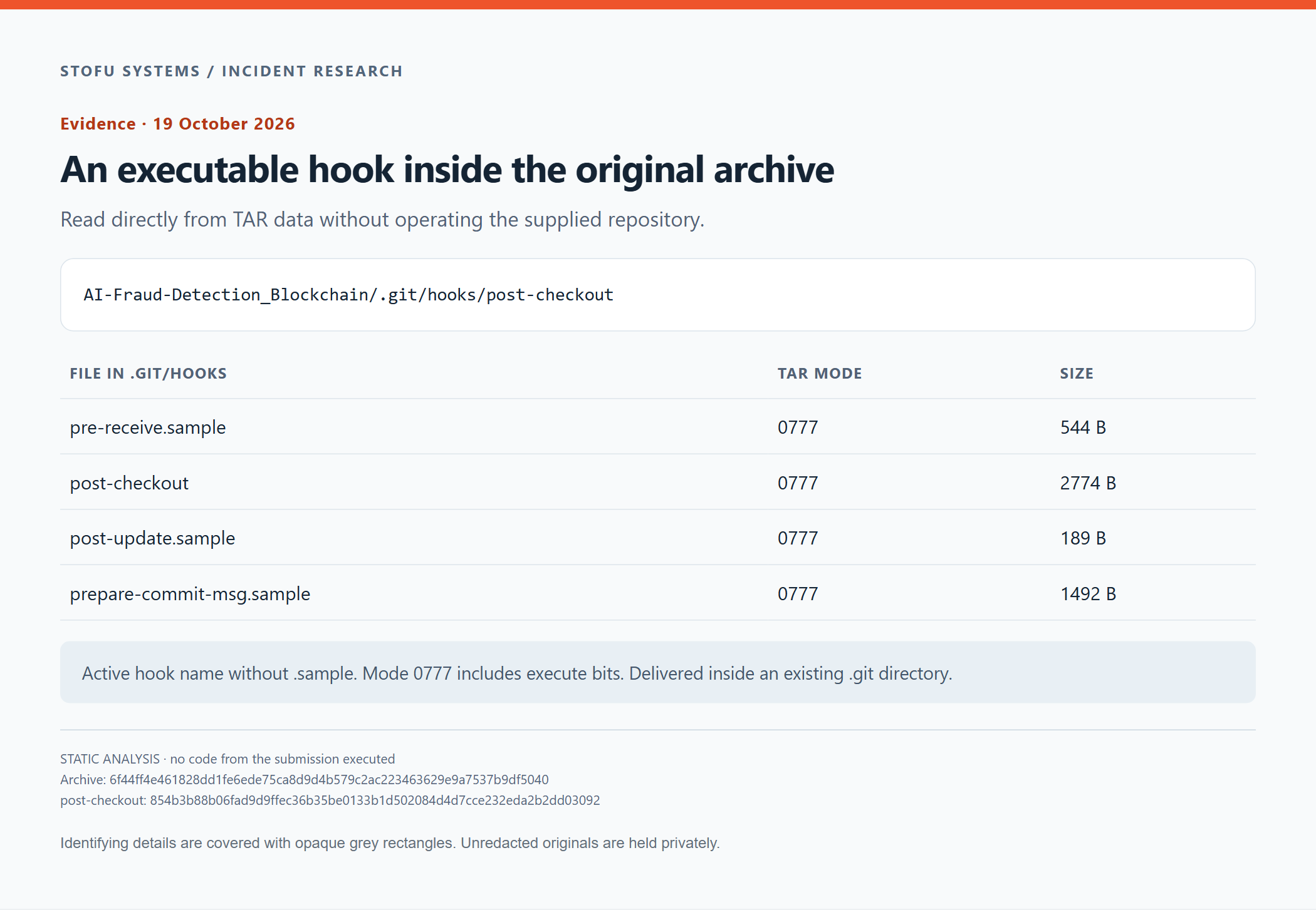 The hook's path, mode and size read directly from the original TAR. We did not operate the received directory as a Git repository.