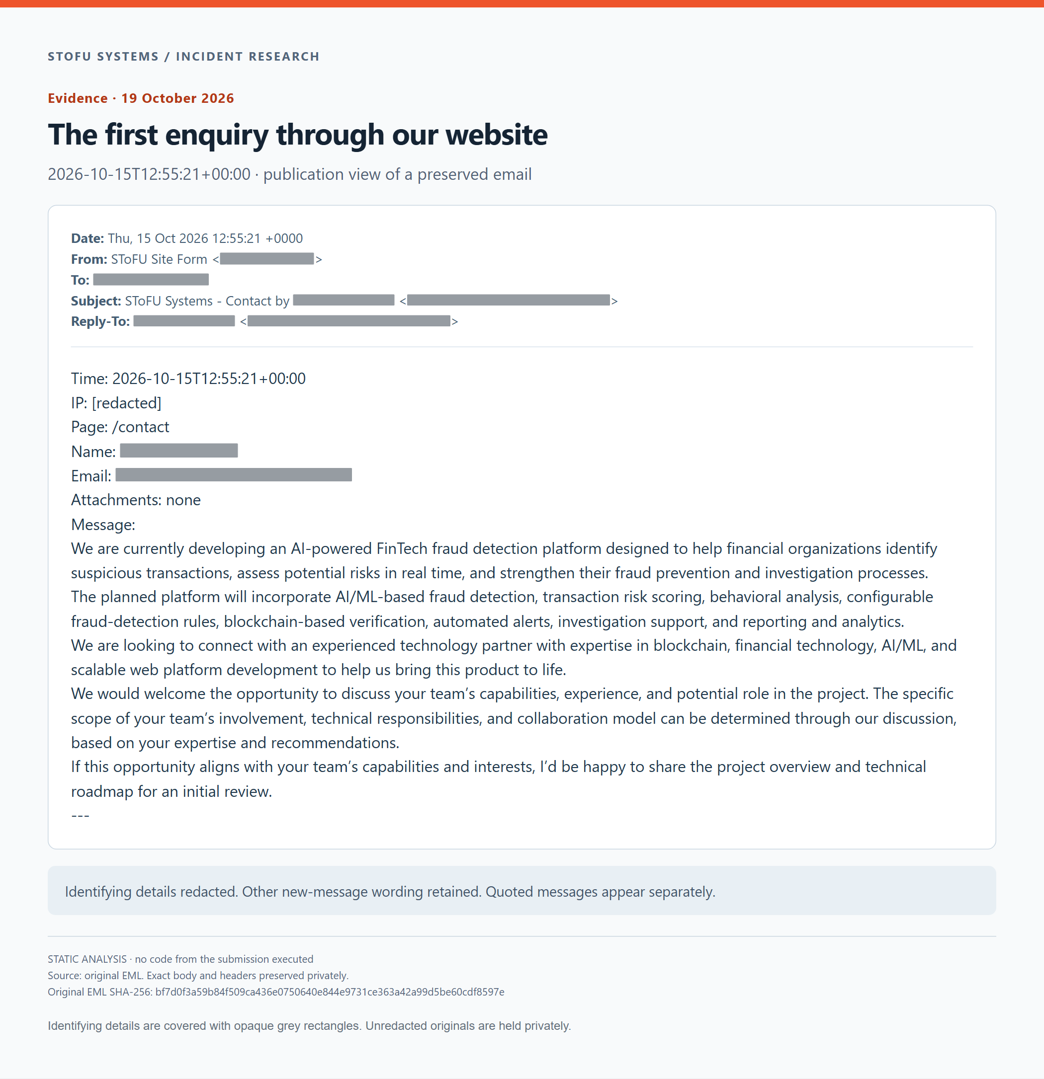 The first enquiry through our website. Anonymised publication view of the preserved email.