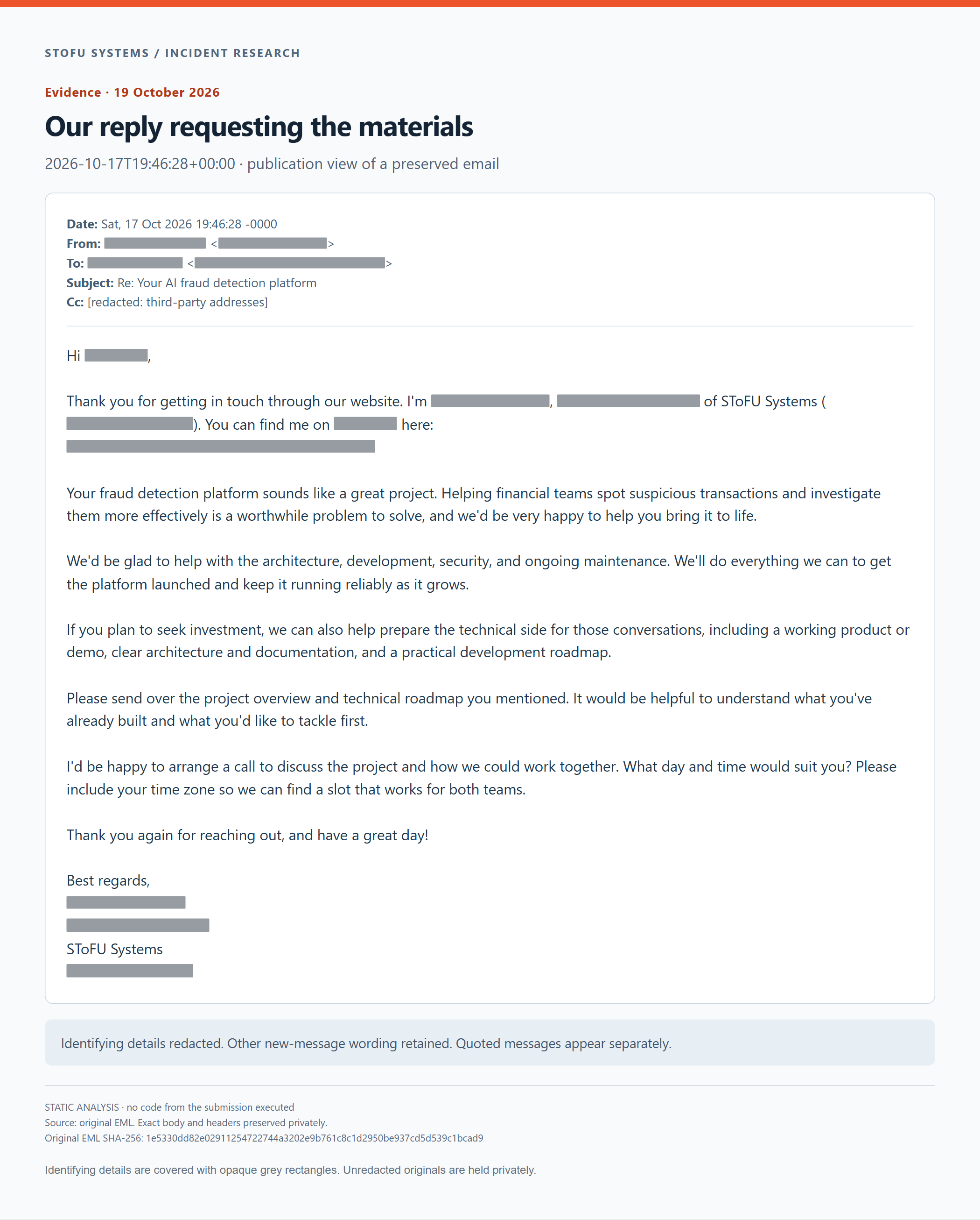 Our reply requesting the materials. Anonymised publication view of the preserved email.