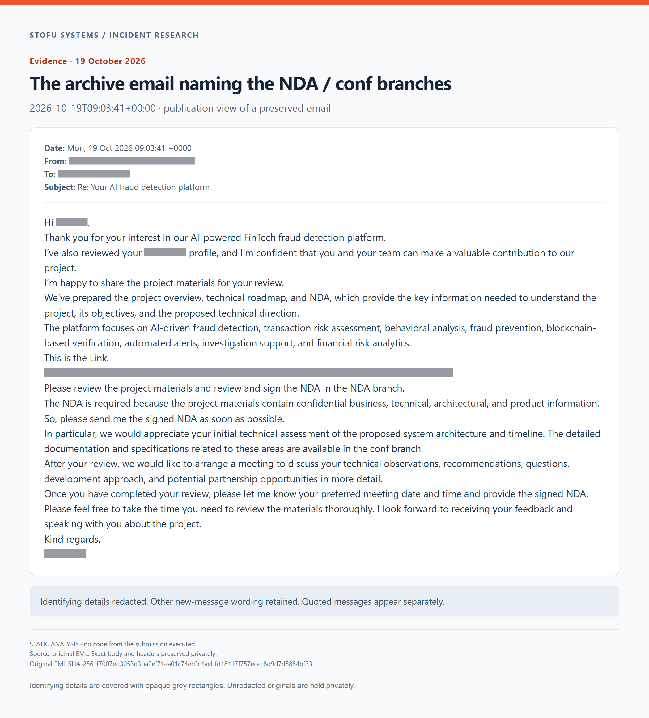 The email with the project archive and instructions to open the NDA branch. Identifying details are covered with grey rectangles.