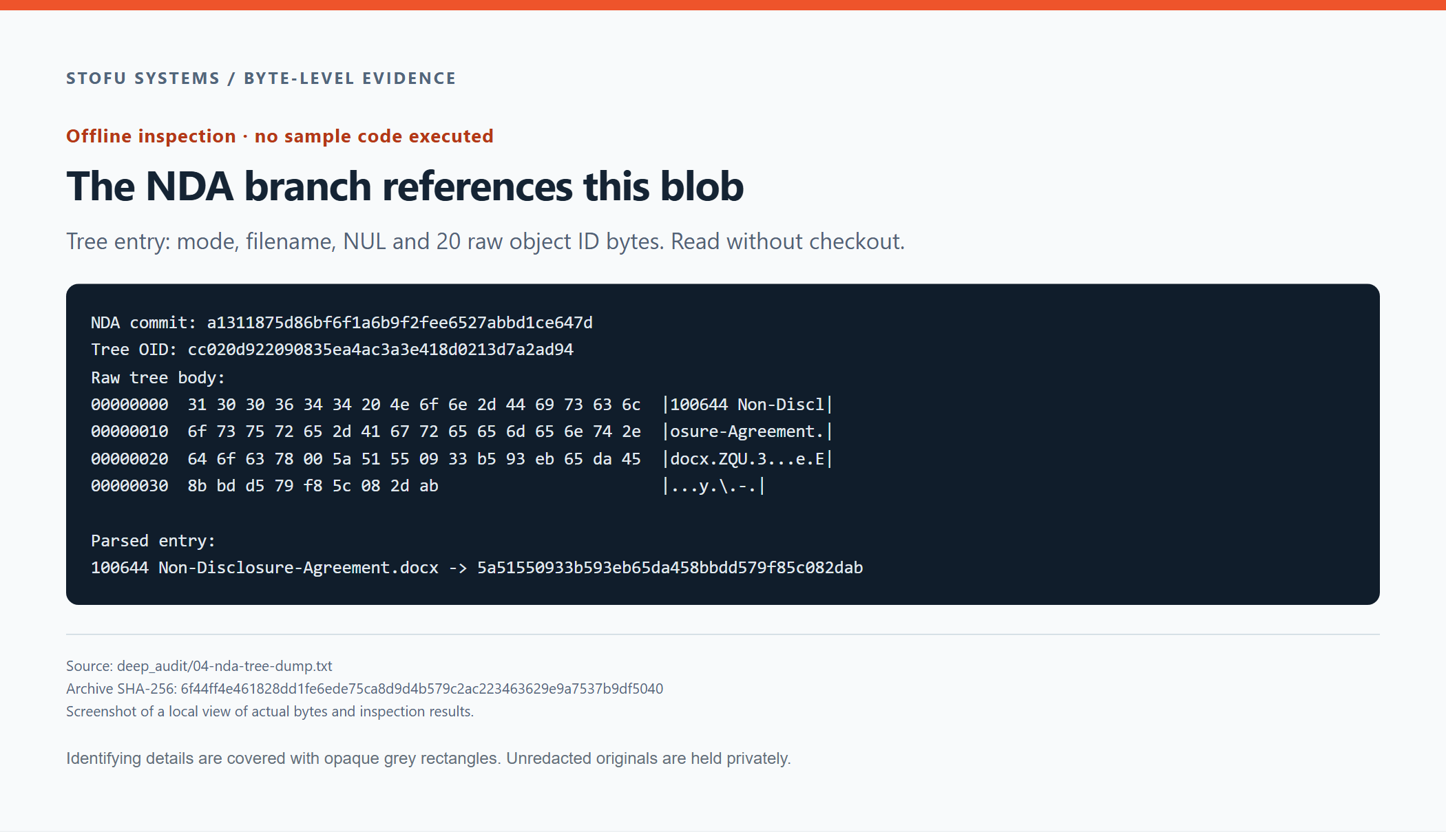 Raw NDA tree bytes and the decoded reference to its DOCX blob.