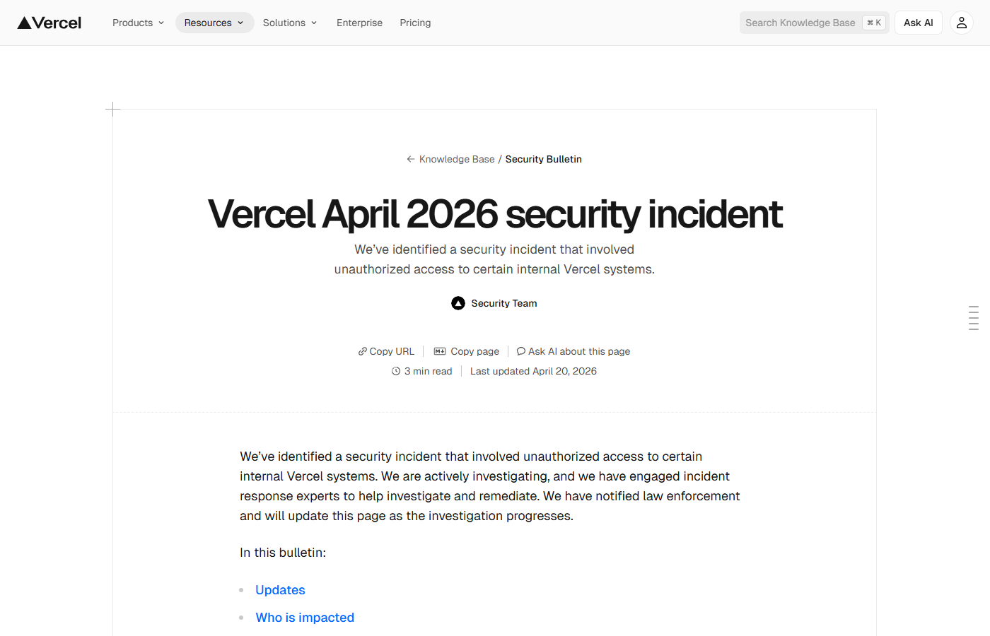 Vercel bulletin confirming the April 2026 security incident