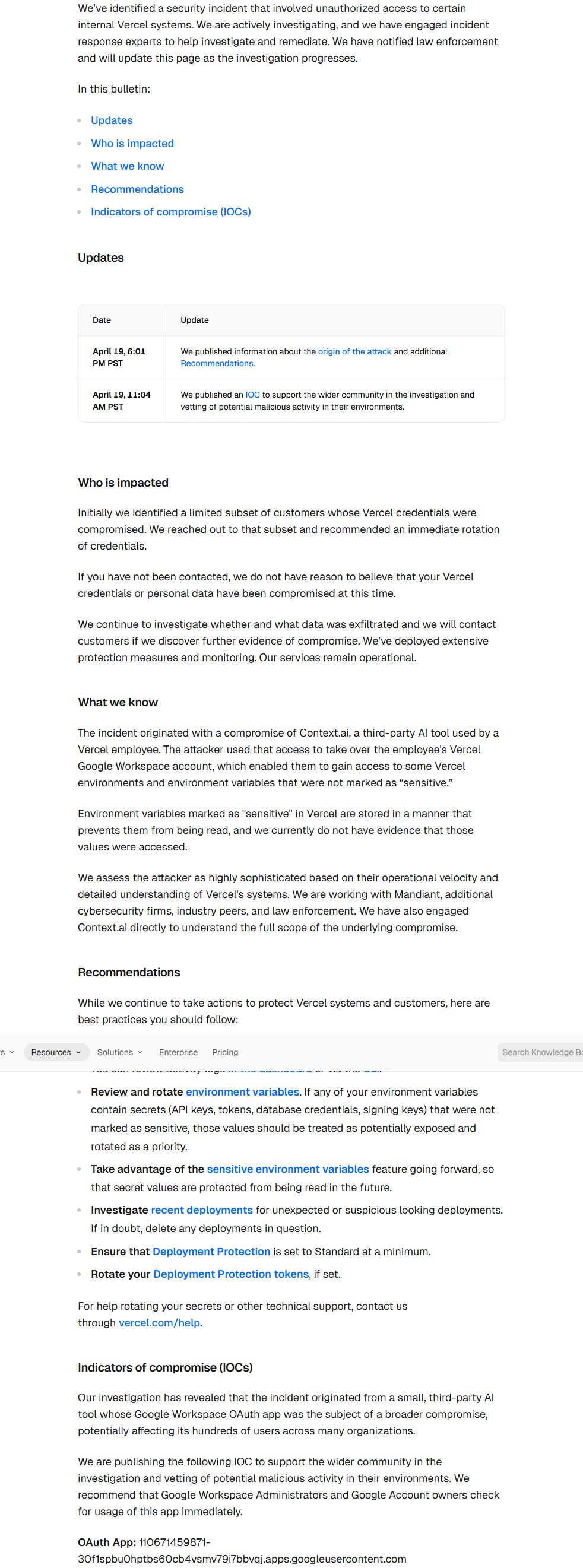 Vercel bulletin section listing the OAuth app indicator of compromise (IoC)