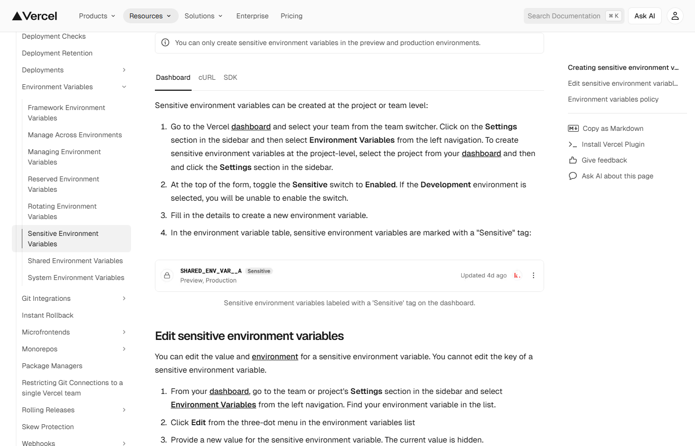 Vercel documentation explaining Sensitive Environment Variables