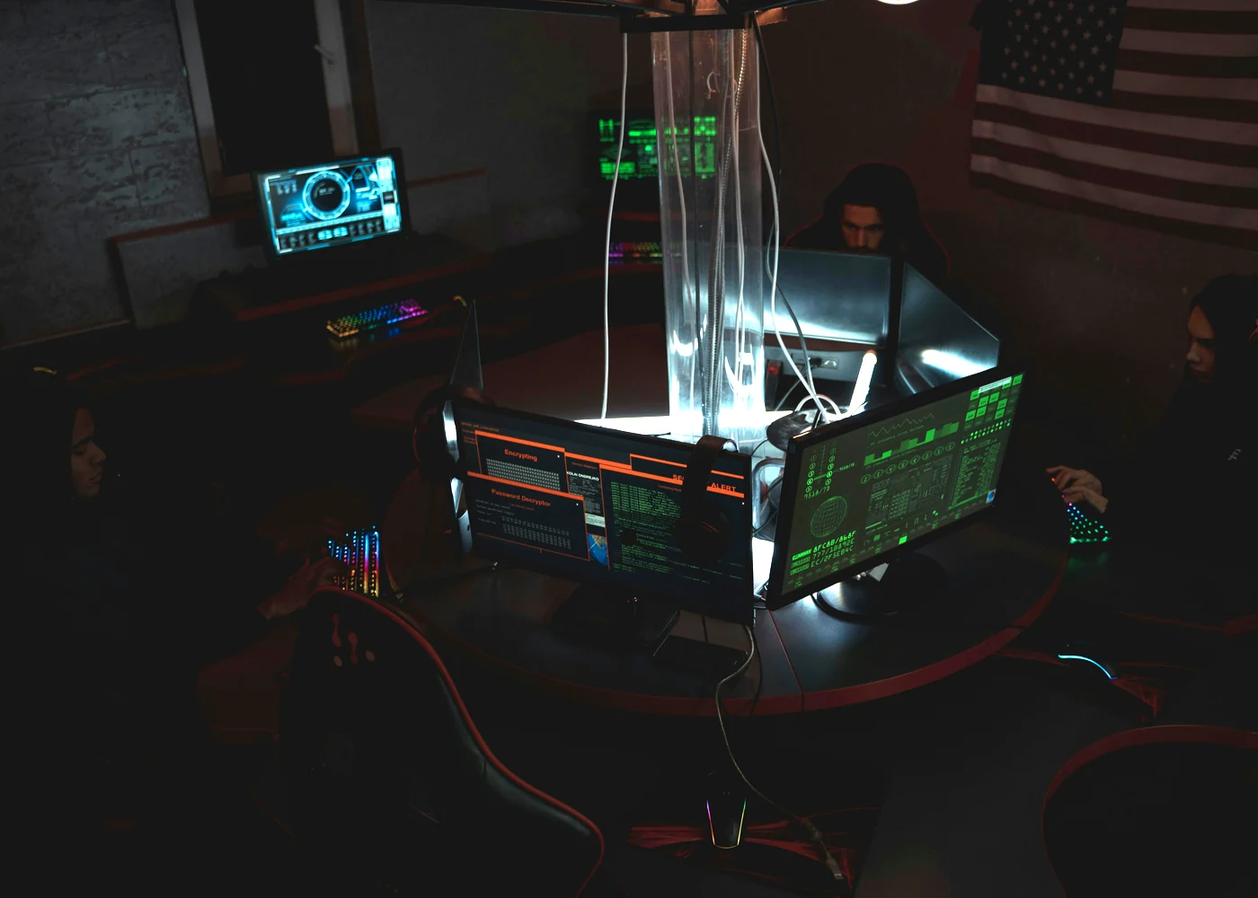 Security team reviewing evidence on multiple monitors