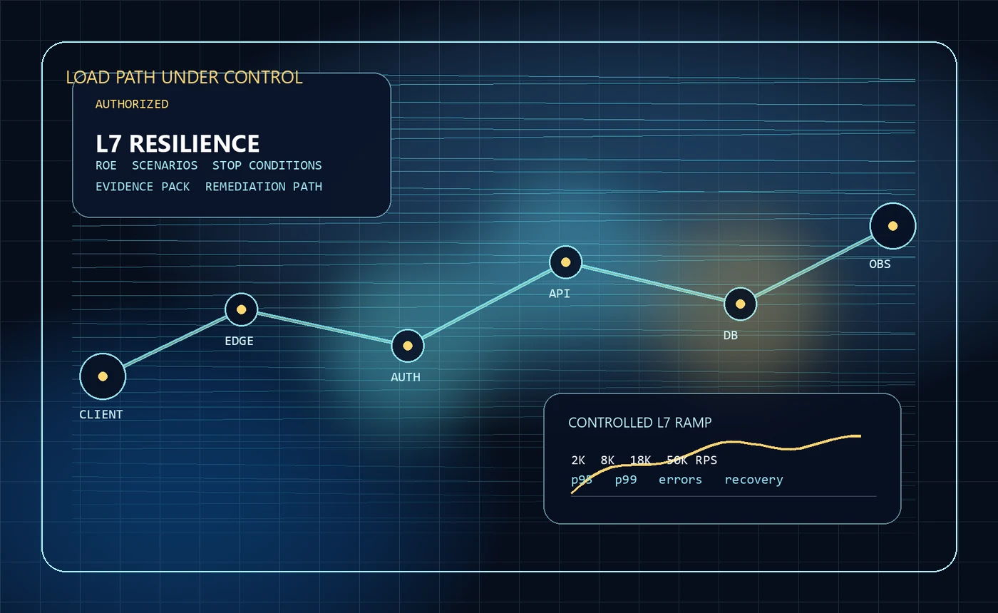 Layer 7 load path with controlled ramp, rules of engagement, and evidence telemetry